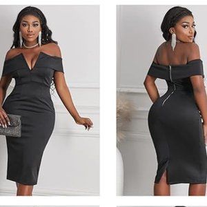 Off Shoulder V neck evening dress.